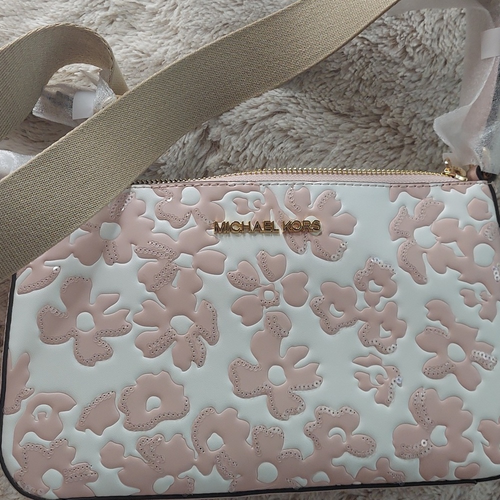 Michael Kors Pink Floral Sequins Jet Set Travel Cross Body - Picture 8 of 8